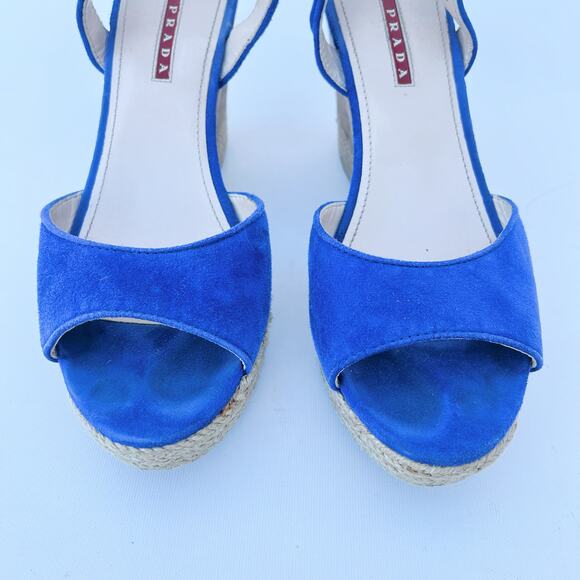 Prada Authentic Suede Blue Espadrille Cork Wedges Sandals 39 Heels 9 Dust Bag - Picture 4 of 11